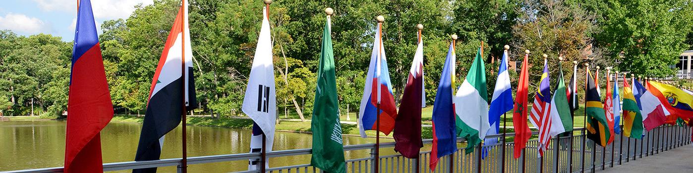 International Flags running along the Slep Student Center Portico